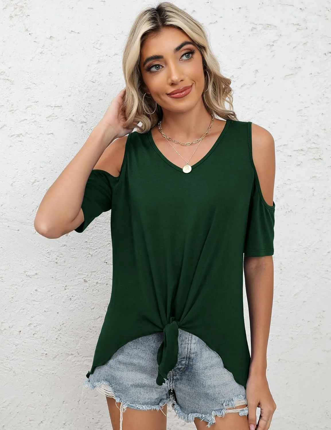 KTILG Cold Shoulder Tops for Women Summer Casual Tie Knot Front V Neck Short Sleeve Shirts Blouses