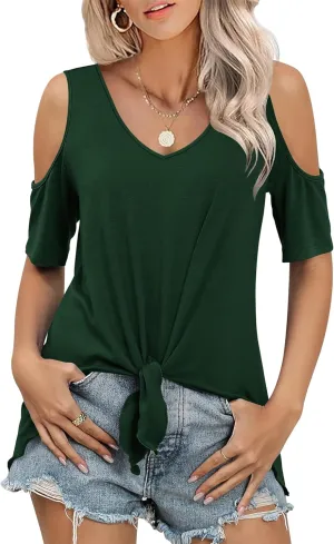 KTILG Cold Shoulder Tops for Women Summer Casual Tie Knot Front V Neck Short Sleeve Shirts Blouses