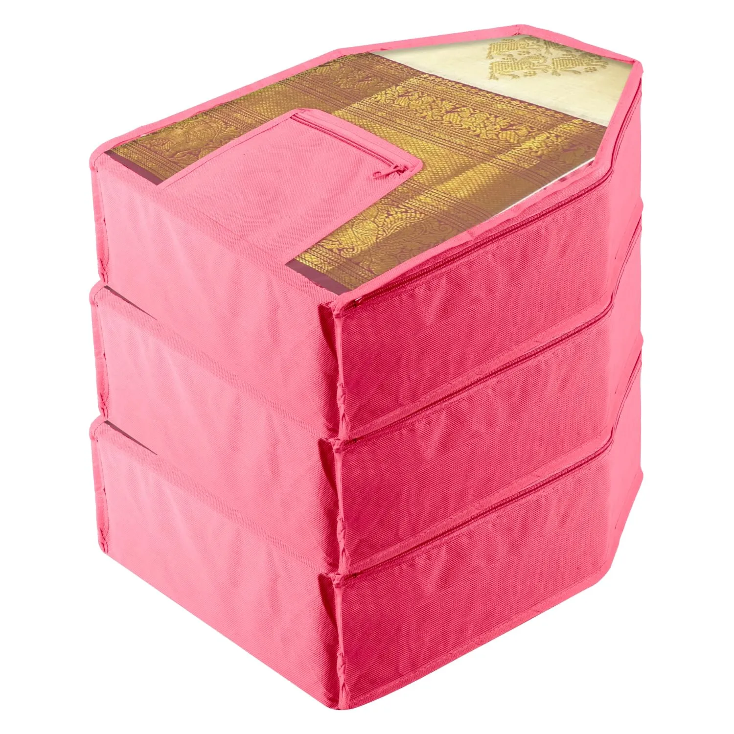 Kuber Industries Blouse Cover | Clothes Storage Bag | Zipper Wardrobe Organizers | Clothes Organiser with Attached Pocket | Non-Woven Front Transparent Blouse Cover | Pack of 3 | Pink