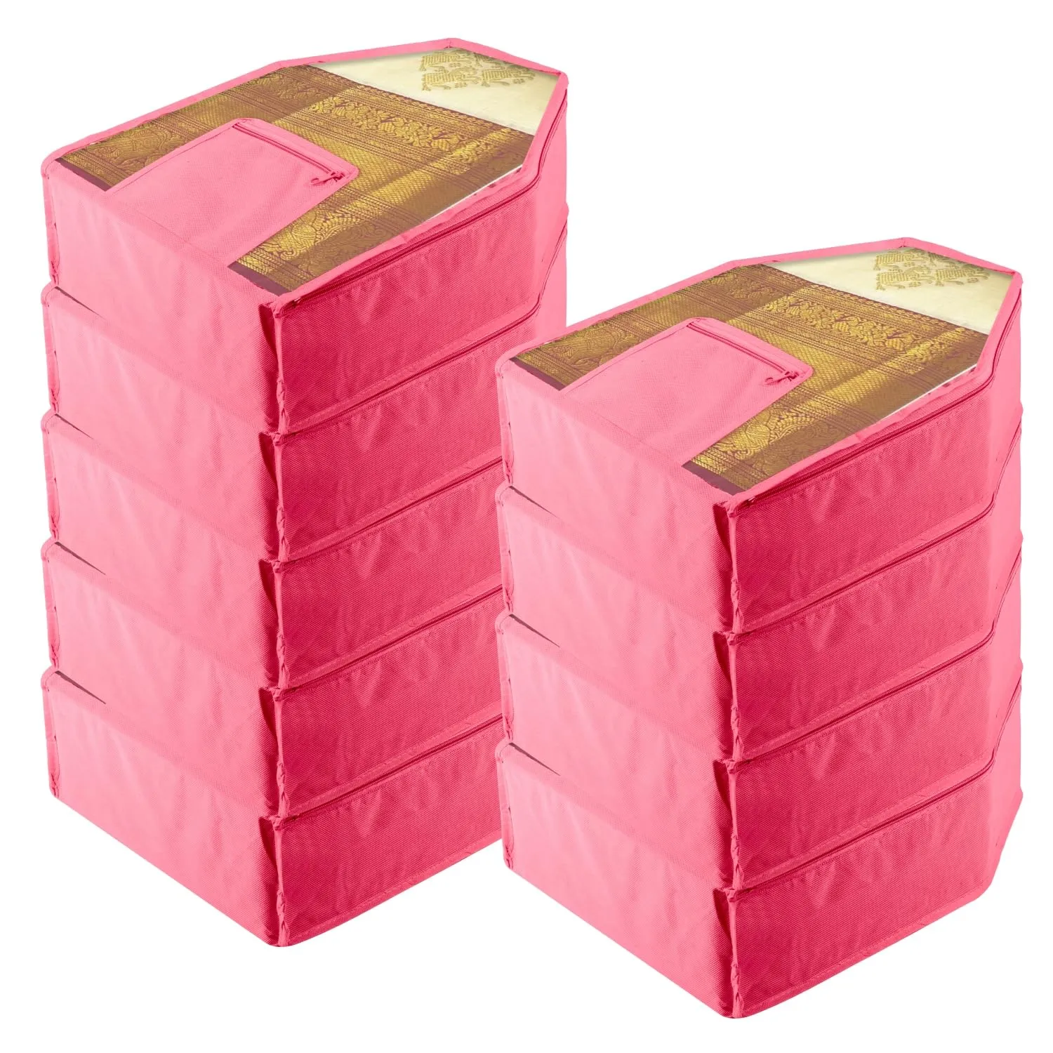 Kuber Industries Blouse Cover | Clothes Storage Bag | Zipper Wardrobe Organizers | Clothes Organiser with Attached Pocket | Non-Woven Front Transparent Blouse Cover | Pack of 9| Pink