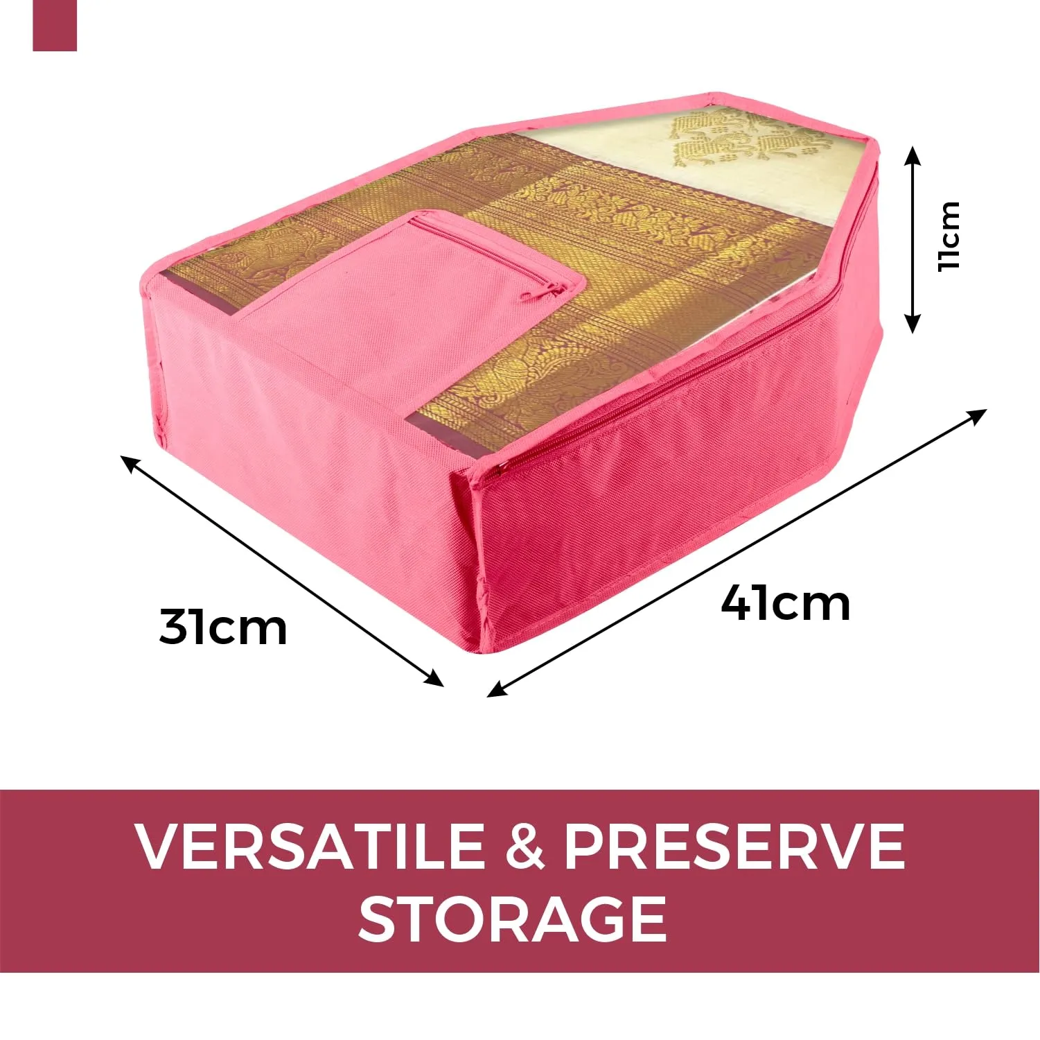Kuber Industries Blouse Cover | Clothes Storage Bag | Zipper Wardrobe Organizers | Clothes Organiser with Attached Pocket | Non-Woven Front Transparent Blouse Cover | Pack of 9| Pink