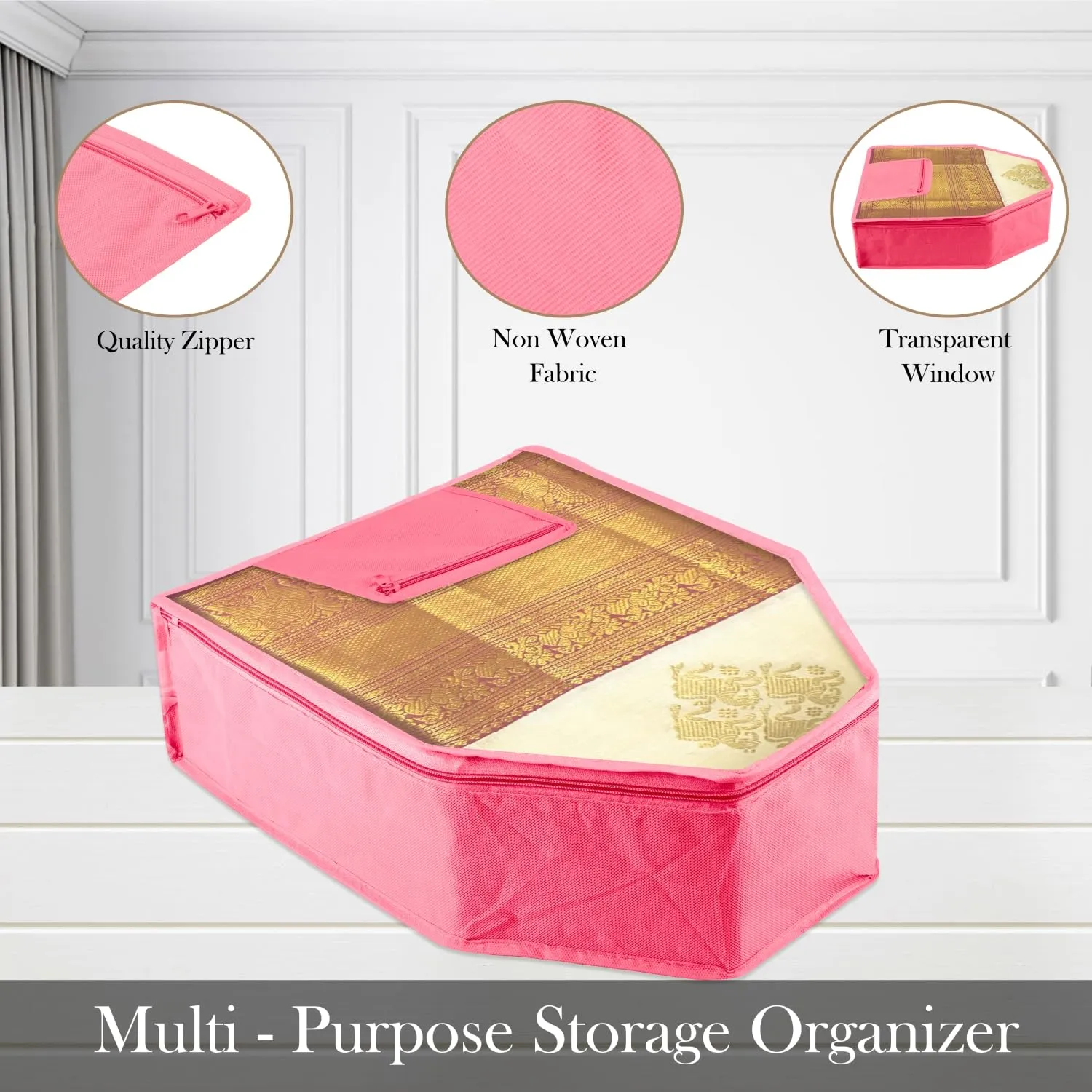 Kuber Industries Blouse Cover | Clothes Storage Bag | Zipper Wardrobe Organizers | Clothes Organiser with Attached Pocket | Non-Woven Front Transparent Blouse Cover | Pack of 9| Pink