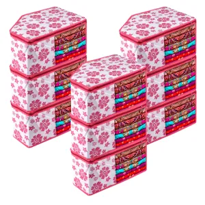 Kuber Industries Blouse Cover | Clothes Storage Bag | Zipper Wardrobe Organizers | Non-Woven Clothes Organiser | Side Transparent Blouse Organizer | Flower-Design | Pack of 9 | Pink
