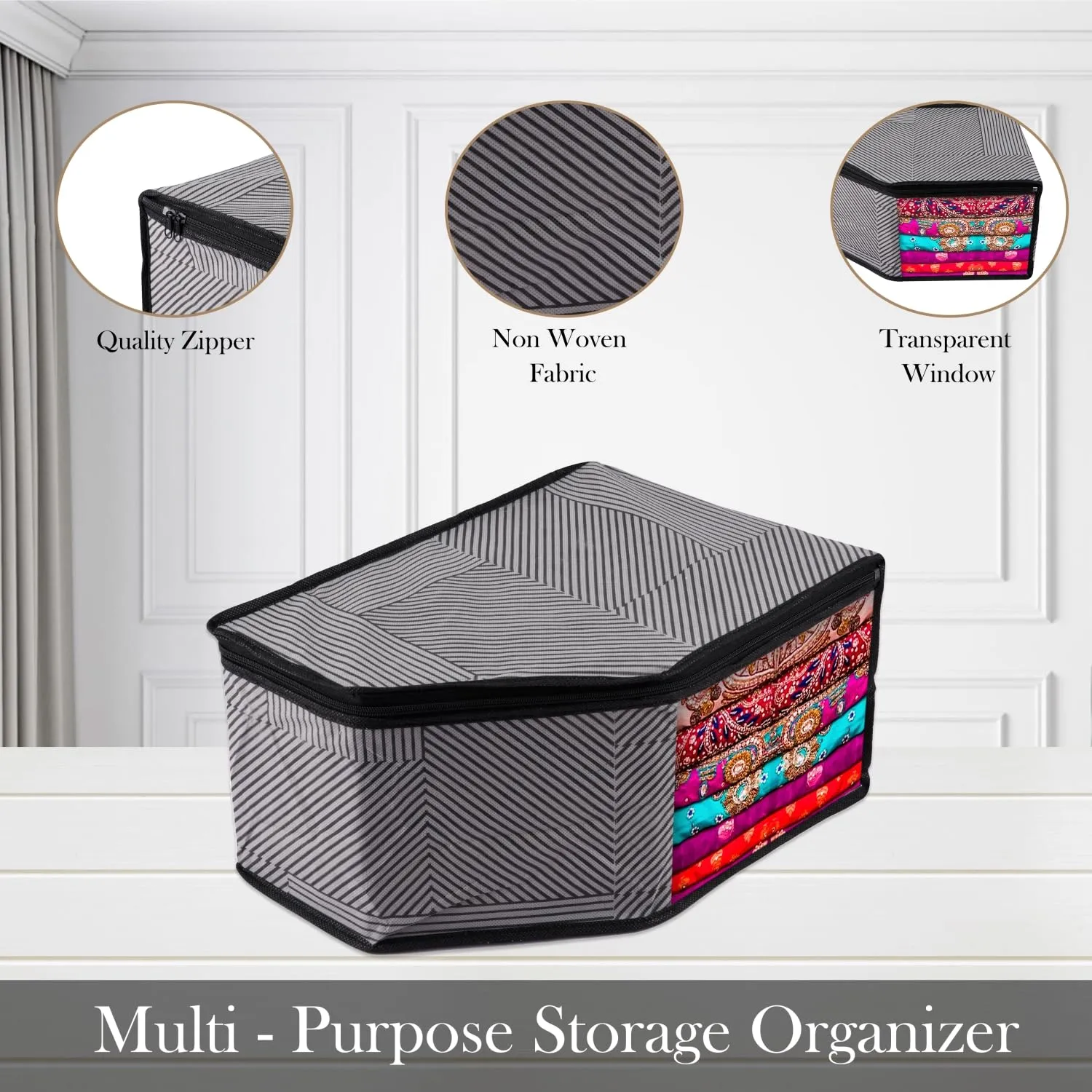 Kuber Industries Blouse Cover | Clothes Storage Bag | Zipper Wardrobe Organizers | Non-Woven Clothes Organiser | Side Transparent Blouse Organizer | Lining-Design | Pack of 9 | Gray