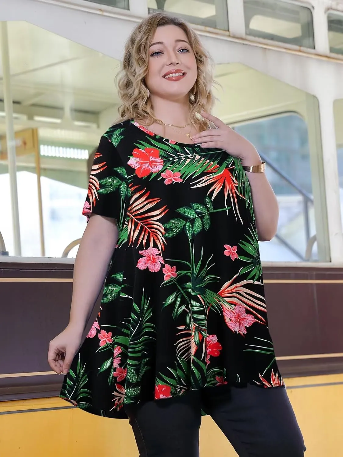 LARACE Casual Tops for Womens Summer Clothes Loose Fit Short Sleeve Shirts Flowy V Neck Tunic Plus Size Blouse