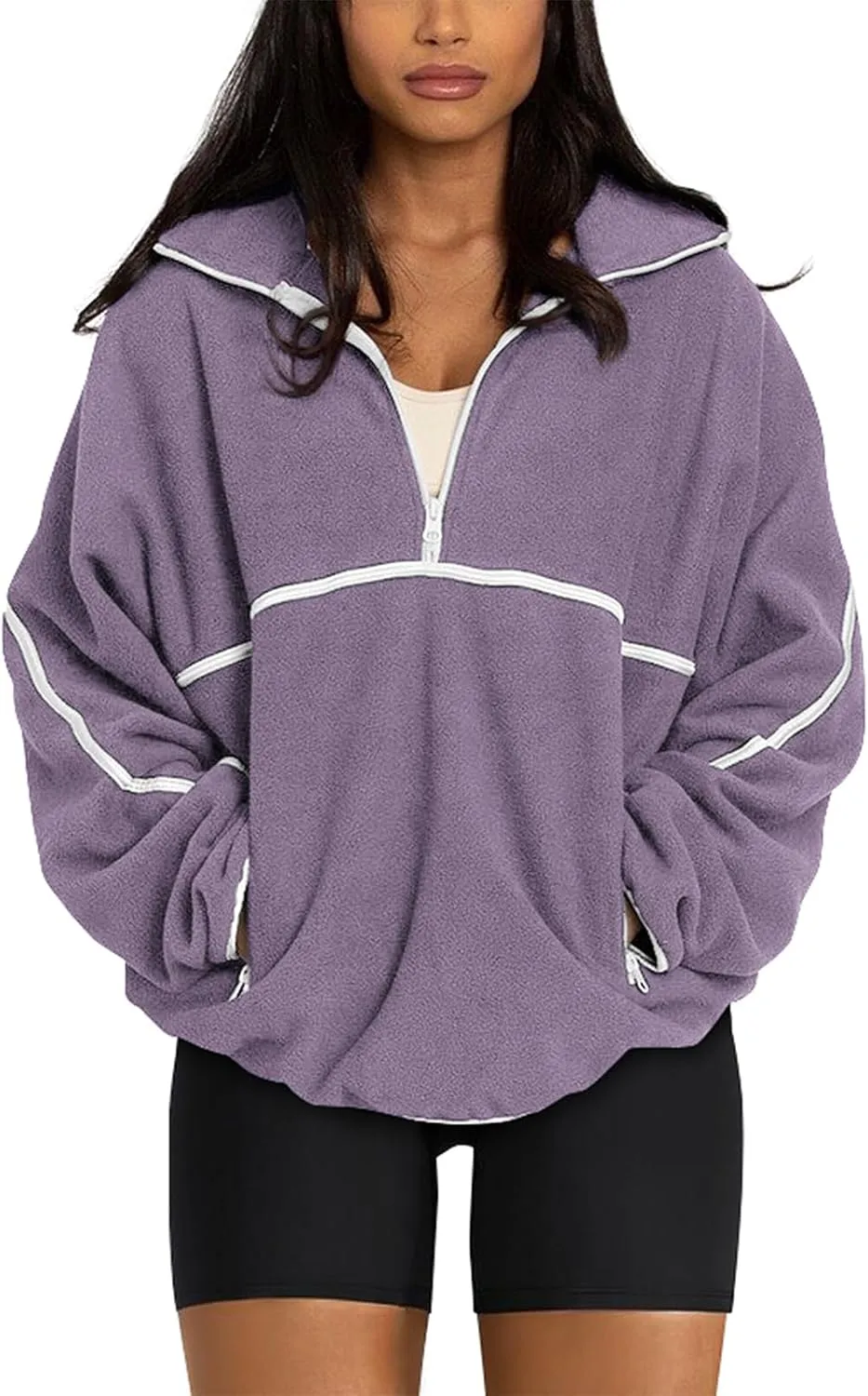 LASLULU Womens Half Zip Pullover Sweatshirt Sherpa Fleece Jacket Oversized Sweatshirts Warm Fuzzy Sweaters Pockets