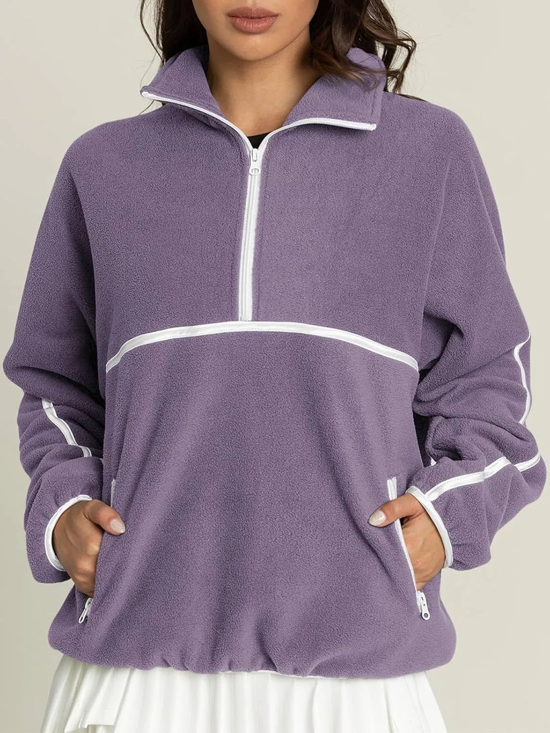 LASLULU Womens Half Zip Pullover Sweatshirt Sherpa Fleece Jacket Oversized Sweatshirts Warm Fuzzy Sweaters Pockets