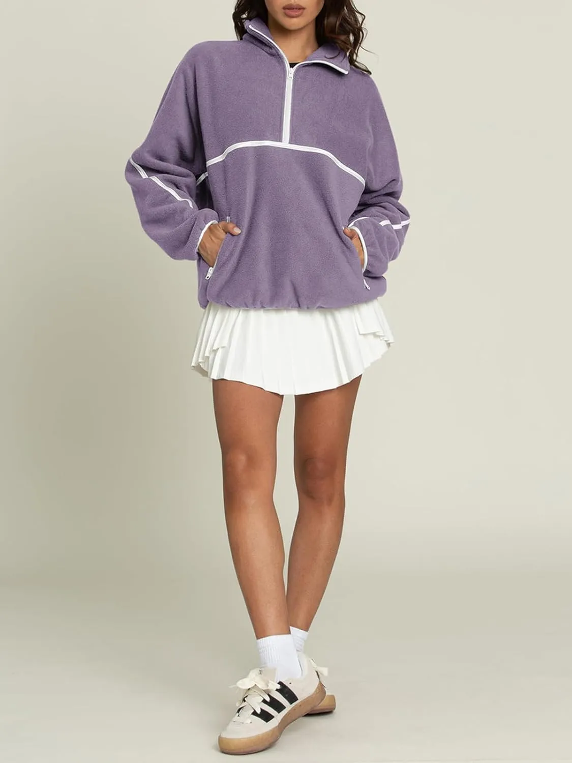 LASLULU Womens Half Zip Pullover Sweatshirt Sherpa Fleece Jacket Oversized Sweatshirts Warm Fuzzy Sweaters Pockets