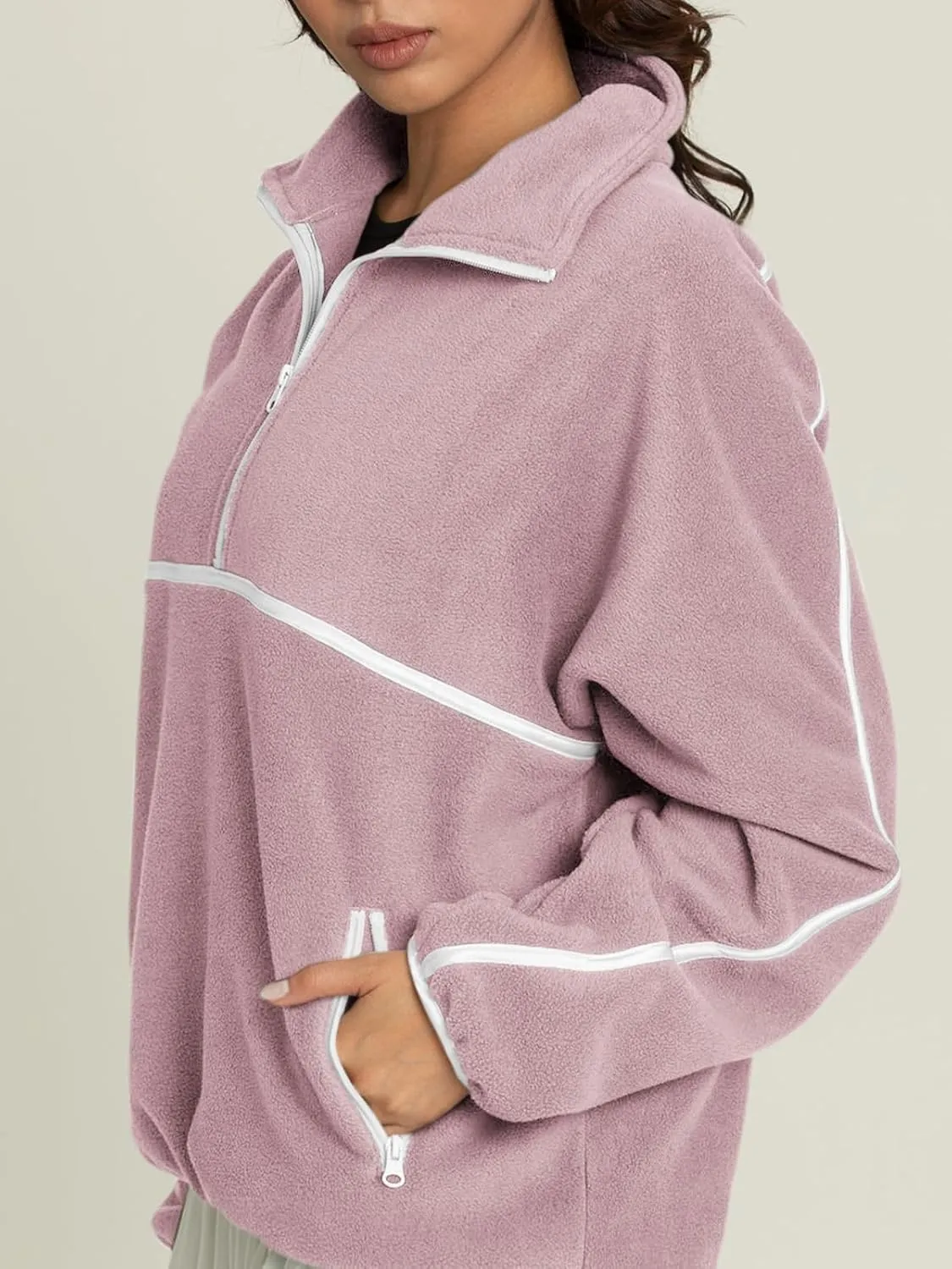 LASLULU Womens Half Zip Pullover Sweatshirt Sherpa Fleece Jacket Oversized Sweatshirts Warm Fuzzy Sweaters Pockets