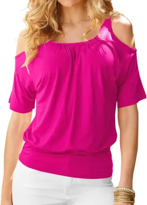 LEIYEE Womens Cold Shoulder Tops Summer Sexy Casual Short Sleeve Ruched Scoop Neck Banded Bottom Shirts Blouse