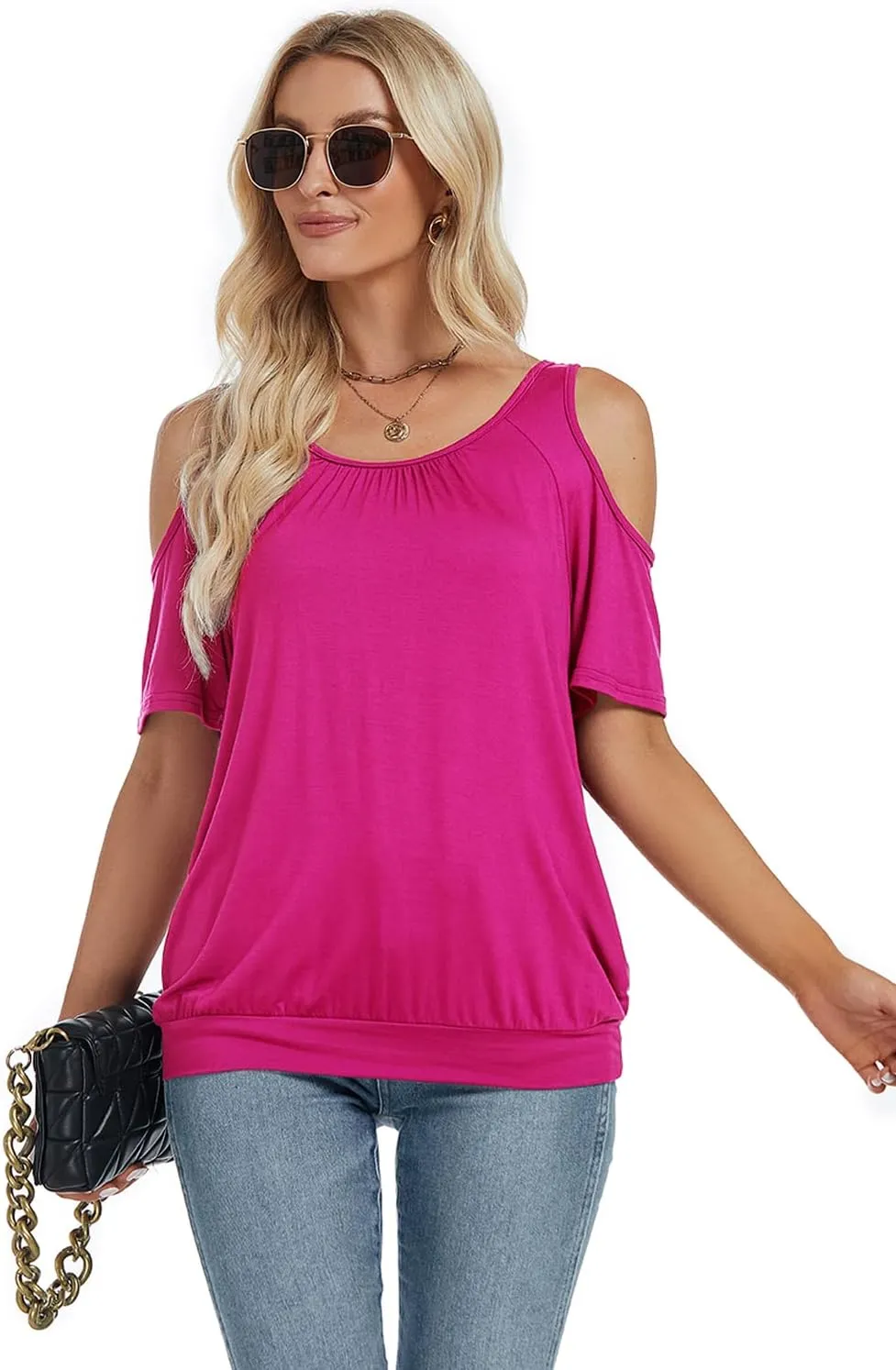 LEIYEE Womens Cold Shoulder Tops Summer Sexy Casual Short Sleeve Ruched Scoop Neck Banded Bottom Shirts Blouse