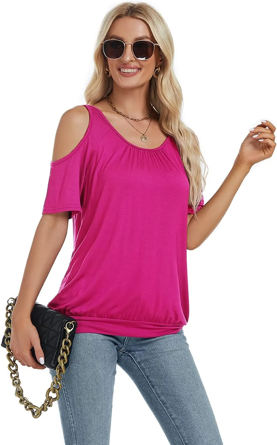 LEIYEE Womens Cold Shoulder Tops Summer Sexy Casual Short Sleeve Ruched Scoop Neck Banded Bottom Shirts Blouse