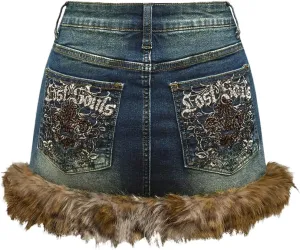 MakeMeChic Women's Mini Denim Skirt Fuzzy Zip Up Y2K Bodycon Jean Skirt with Pocket
