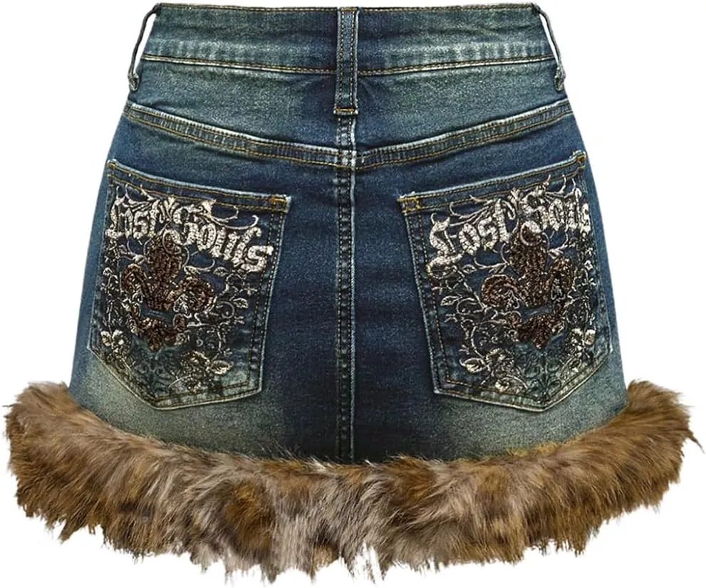 MakeMeChic Women's Mini Denim Skirt Fuzzy Zip Up Y2K Bodycon Jean Skirt with Pocket
