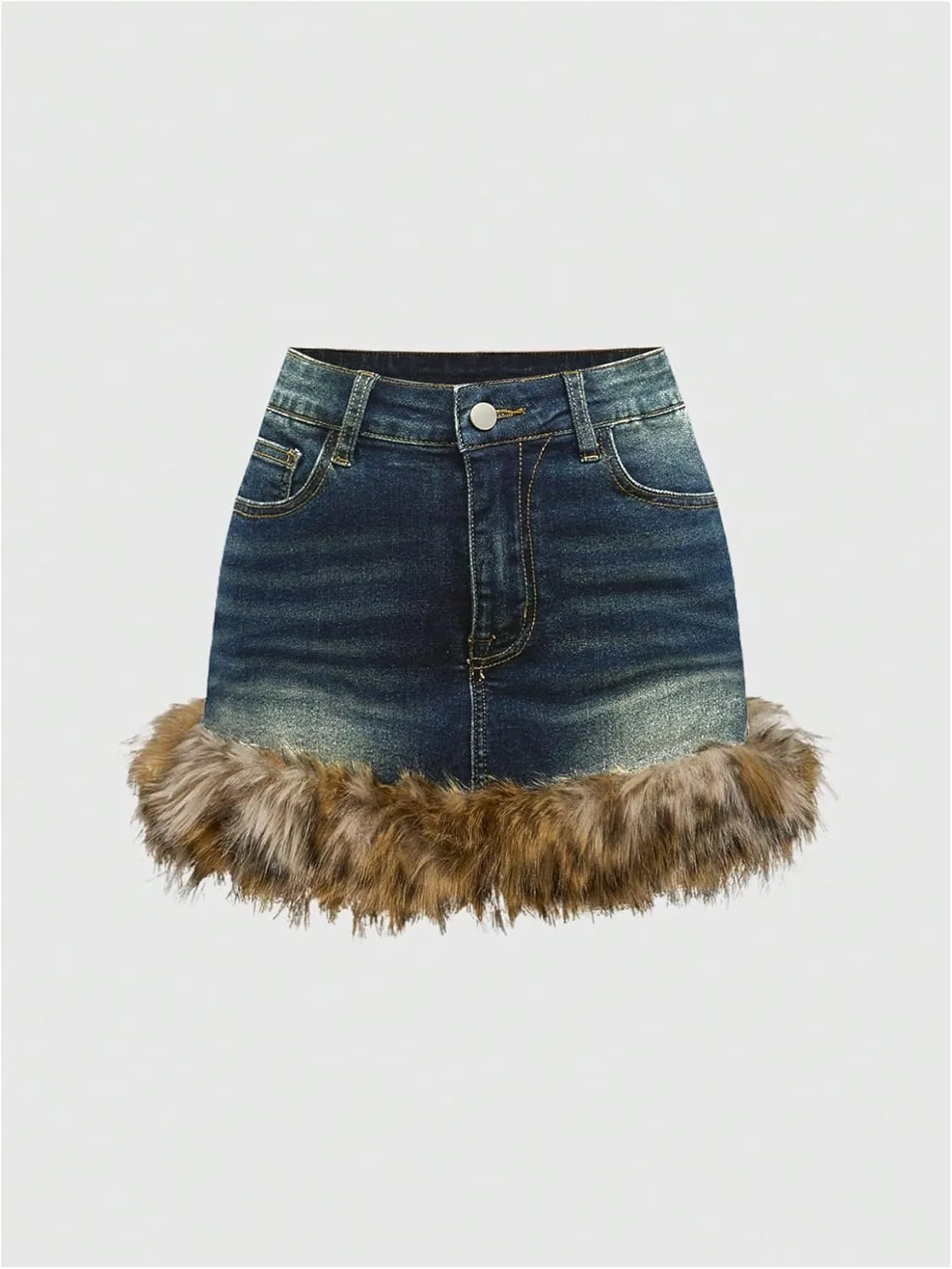 MakeMeChic Women's Mini Denim Skirt Fuzzy Zip Up Y2K Bodycon Jean Skirt with Pocket