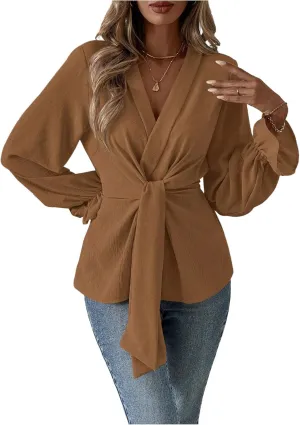 MakeMeChic Women's V Neck Bell Sleeve Blouses Top Knot Front Wrap Ruffle Hem Blouses