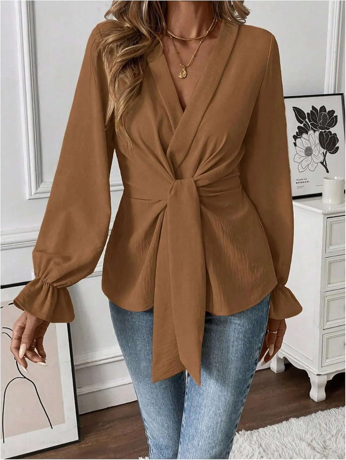 MakeMeChic Women's V Neck Bell Sleeve Blouses Top Knot Front Wrap Ruffle Hem Blouses