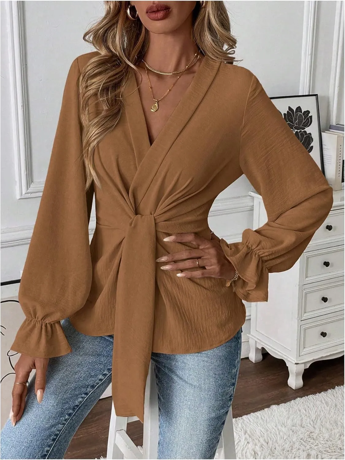 MakeMeChic Women's V Neck Bell Sleeve Blouses Top Knot Front Wrap Ruffle Hem Blouses
