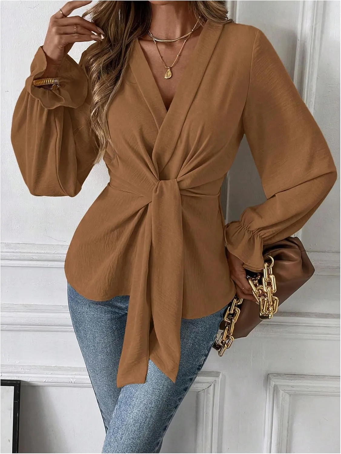 MakeMeChic Women's V Neck Bell Sleeve Blouses Top Knot Front Wrap Ruffle Hem Blouses