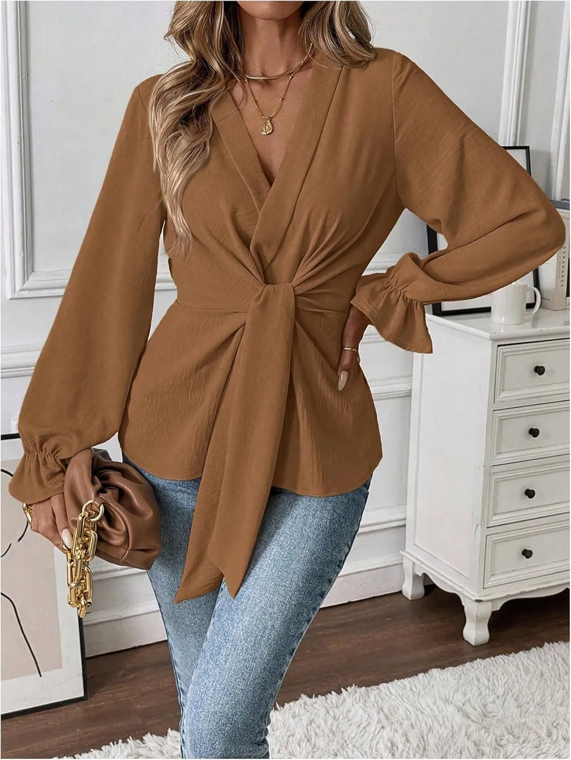 MakeMeChic Women's V Neck Bell Sleeve Blouses Top Knot Front Wrap Ruffle Hem Blouses