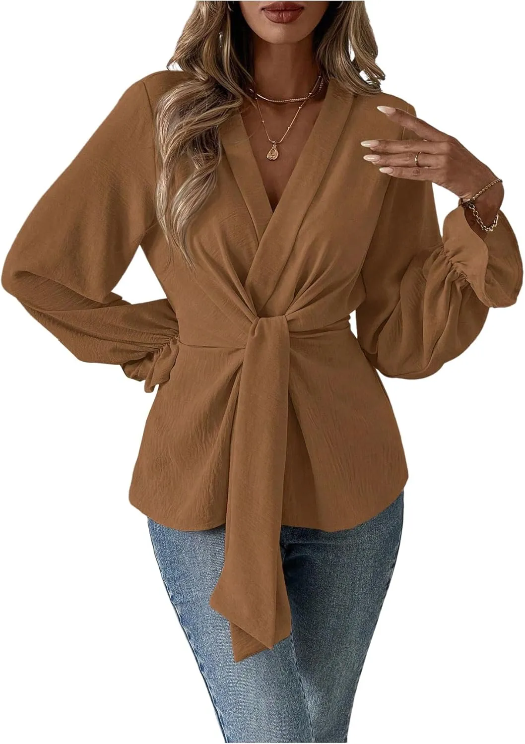 MakeMeChic Women's V Neck Bell Sleeve Blouses Top Knot Front Wrap Ruffle Hem Blouses