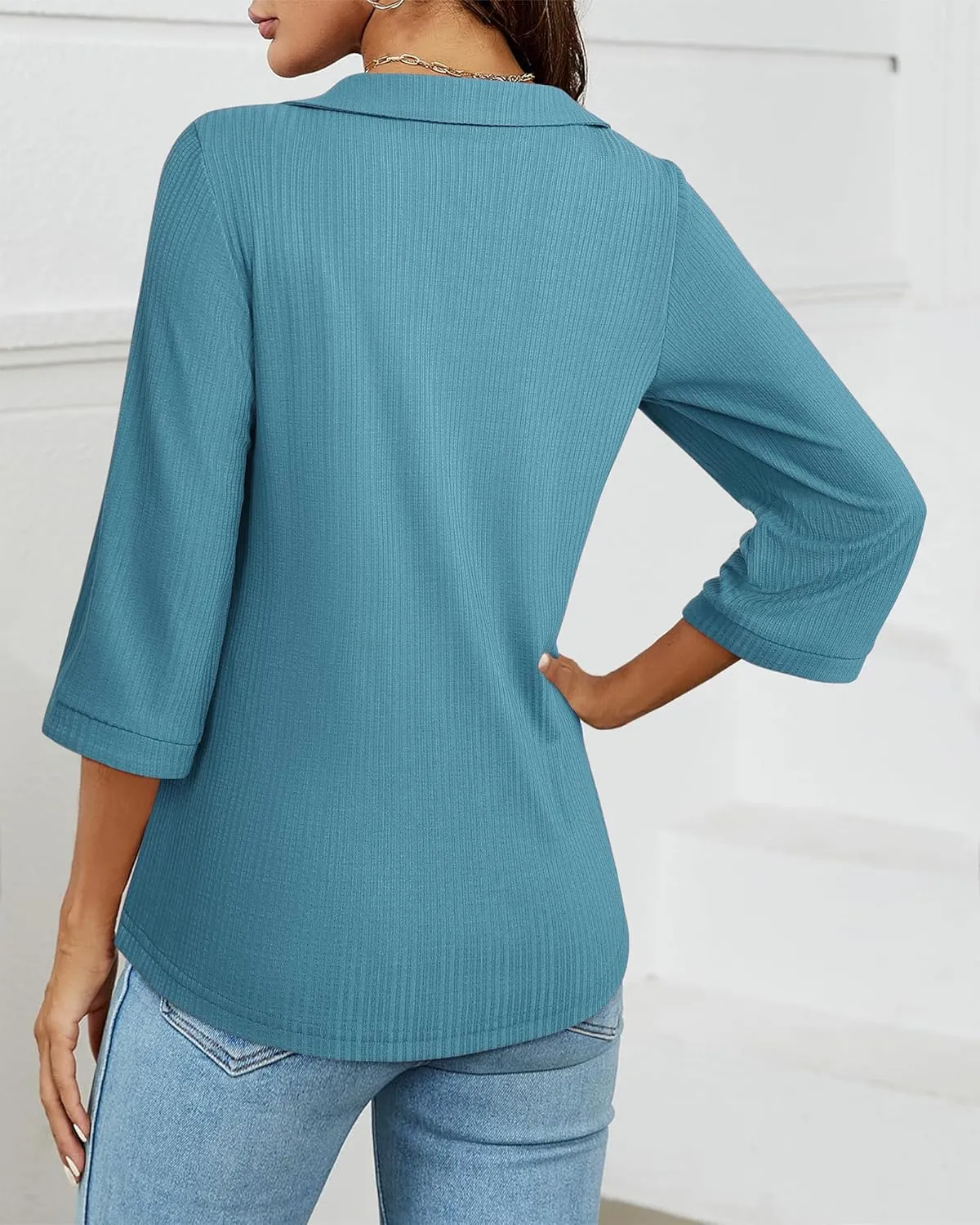 MCKOL Womens 3/4 Sleeve V Neck Polo Shirts Dressy Casual Tops Work Collared Blouses