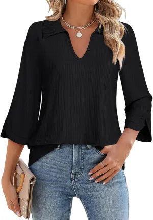 MCKOL Womens 3/4 Sleeve V Neck Polo Shirts Dressy Casual Tops Work Collared Blouses