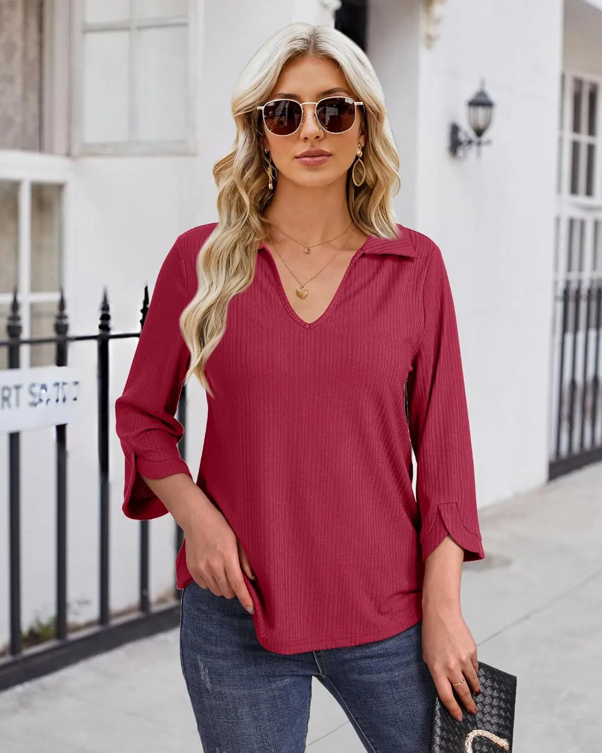 MCKOL Womens 3/4 Sleeve V Neck Polo Shirts Dressy Casual Tops Work Collared Blouses