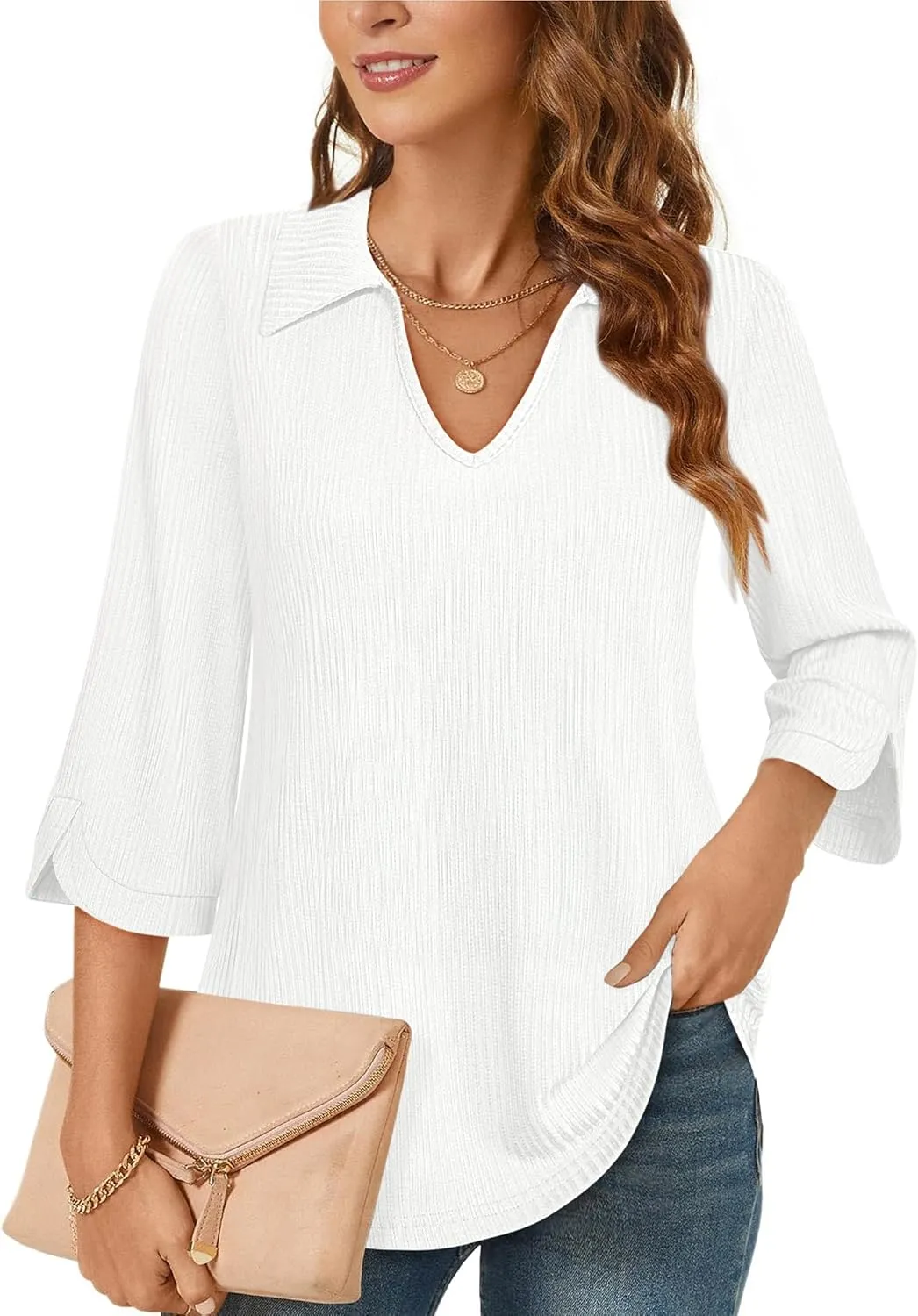 MCKOL Womens 3/4 Sleeve V Neck Polo Shirts Dressy Casual Tops Work Collared Blouses