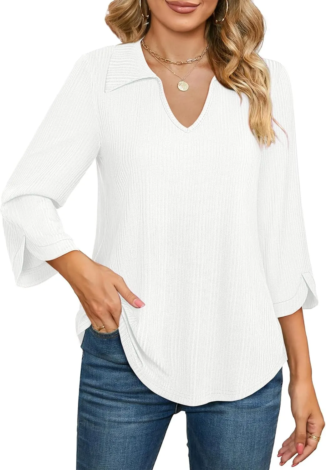 MCKOL Womens 3/4 Sleeve V Neck Polo Shirts Dressy Casual Tops Work Collared Blouses