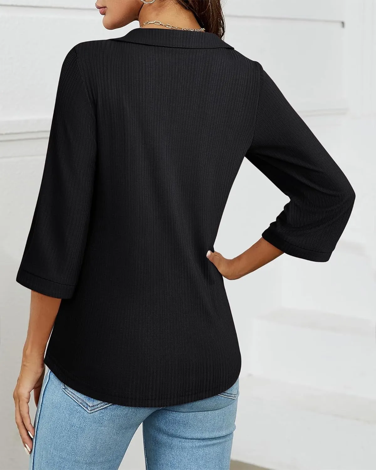 MCKOL Womens 3/4 Sleeve V Neck Polo Shirts Dressy Casual Tops Work Collared Blouses