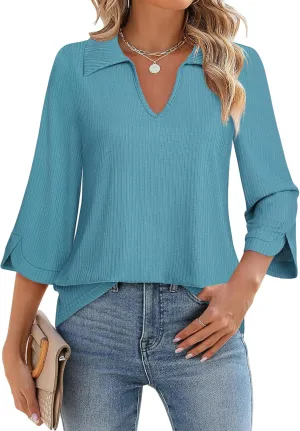 MCKOL Womens 3/4 Sleeve V Neck Polo Shirts Dressy Casual Tops Work Collared Blouses