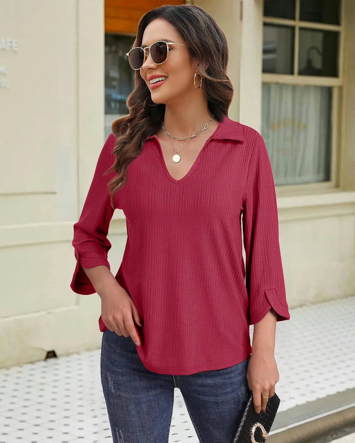 MCKOL Womens 3/4 Sleeve V Neck Polo Shirts Dressy Casual Tops Work Collared Blouses