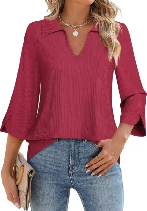 MCKOL Womens 3/4 Sleeve V Neck Polo Shirts Dressy Casual Tops Work Collared Blouses