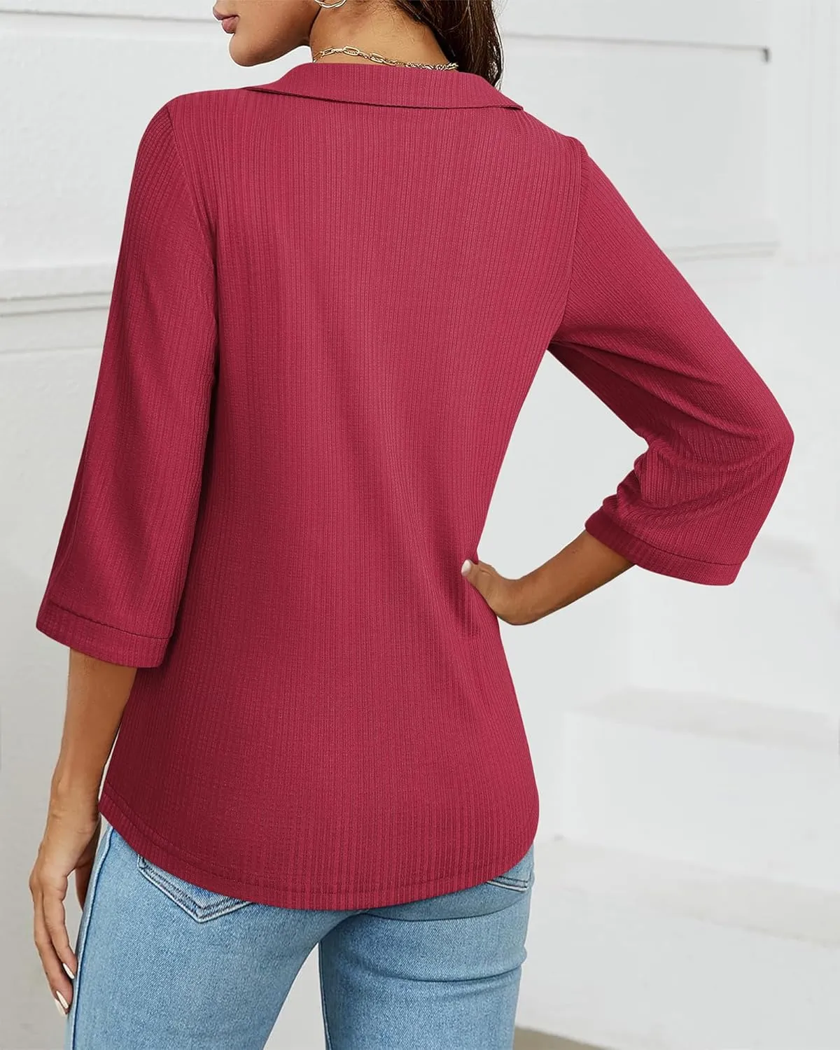 MCKOL Womens 3/4 Sleeve V Neck Polo Shirts Dressy Casual Tops Work Collared Blouses