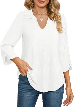 MCKOL Womens 3/4 Sleeve V Neck Polo Shirts Dressy Casual Tops Work Collared Blouses