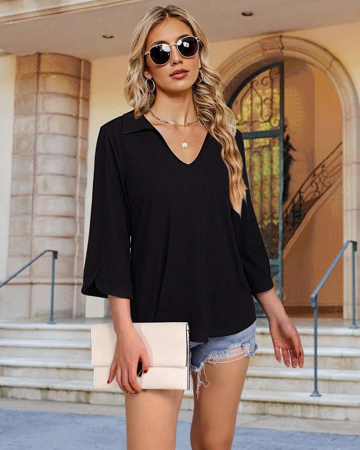 MCKOL Womens 3/4 Sleeve V Neck Polo Shirts Dressy Casual Tops Work Collared Blouses