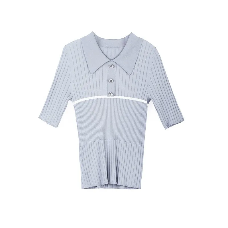 Mist Blue Slim Knitted Polo T-shirt