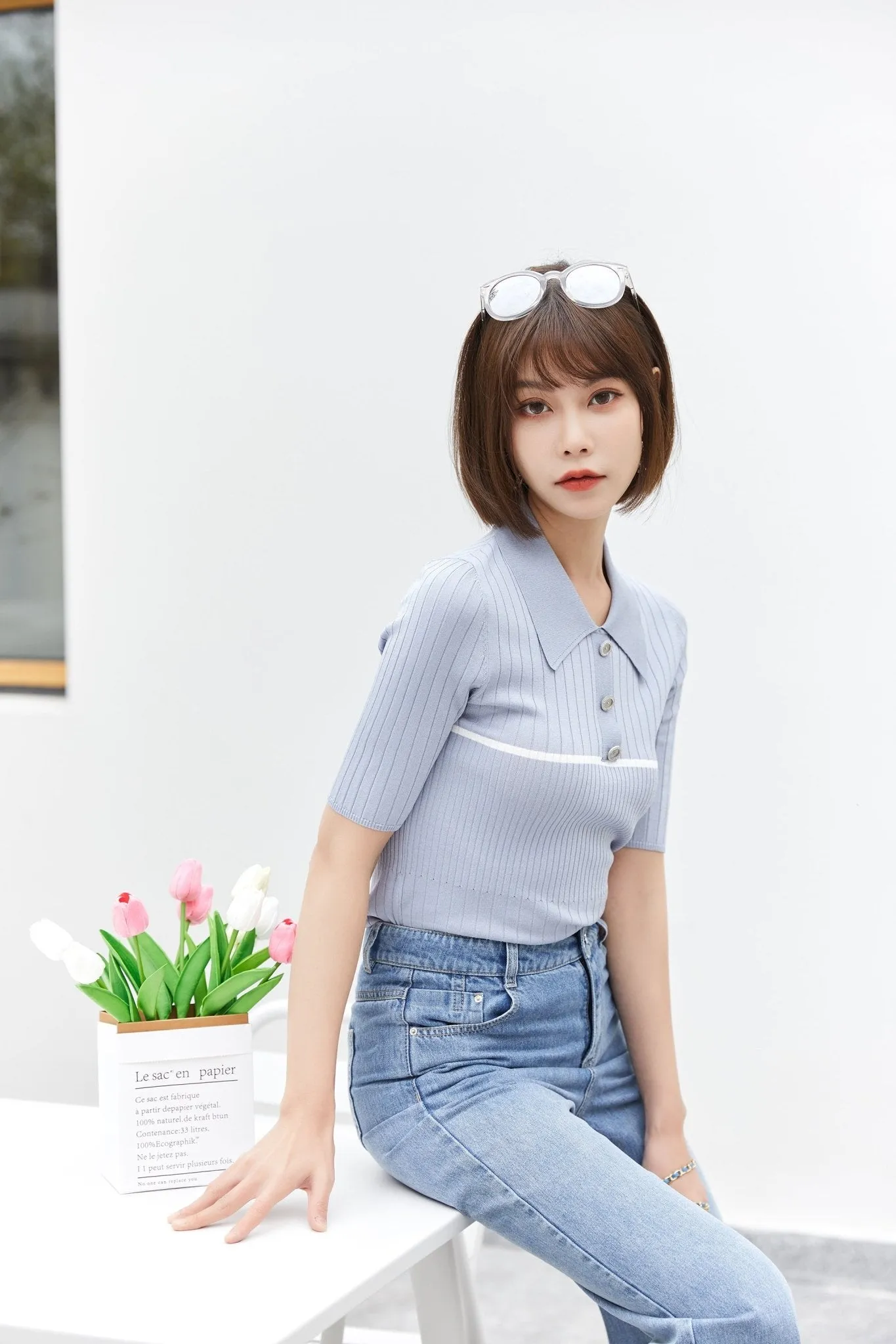 Mist Blue Slim Knitted Polo T-shirt