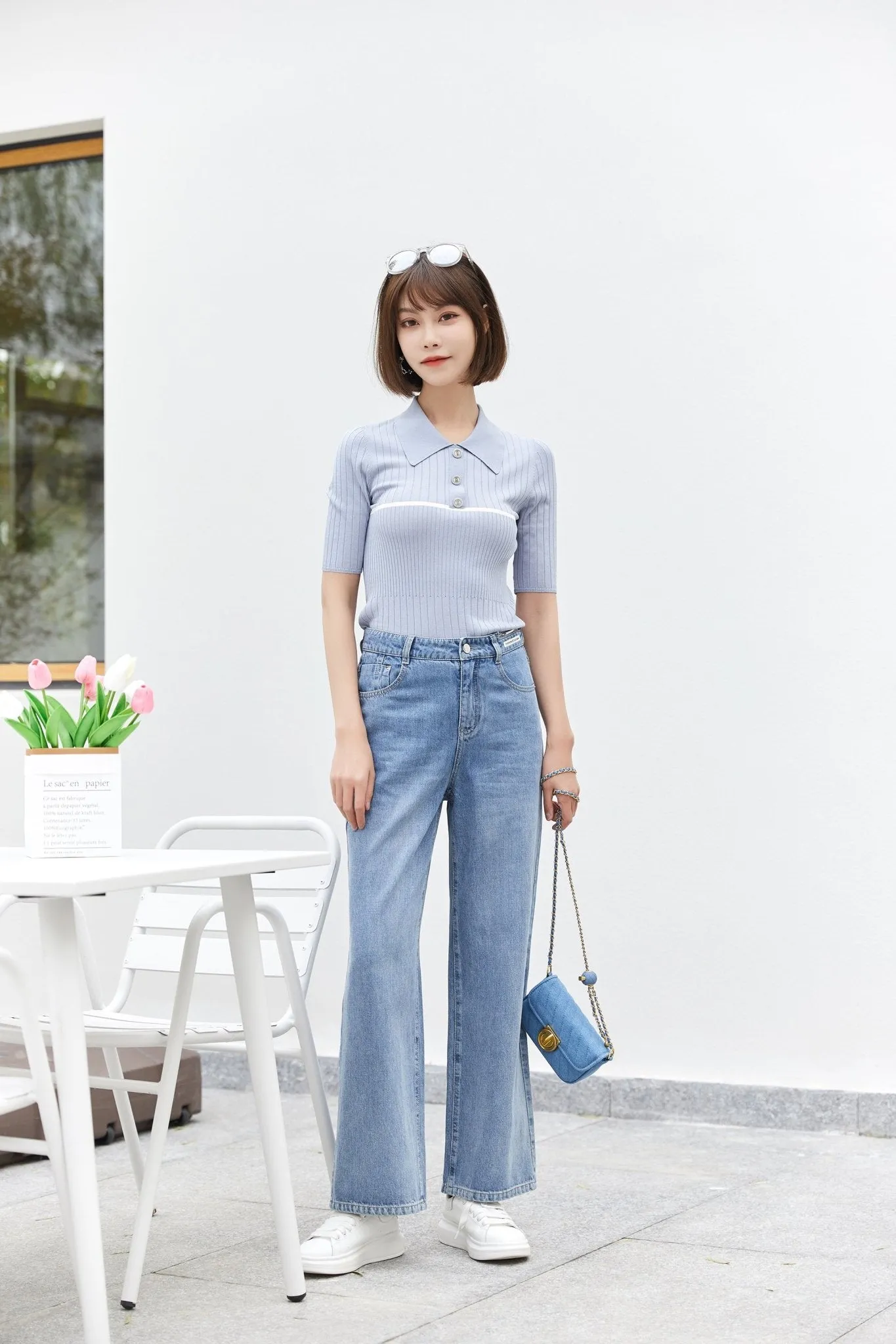 Mist Blue Slim Knitted Polo T-shirt