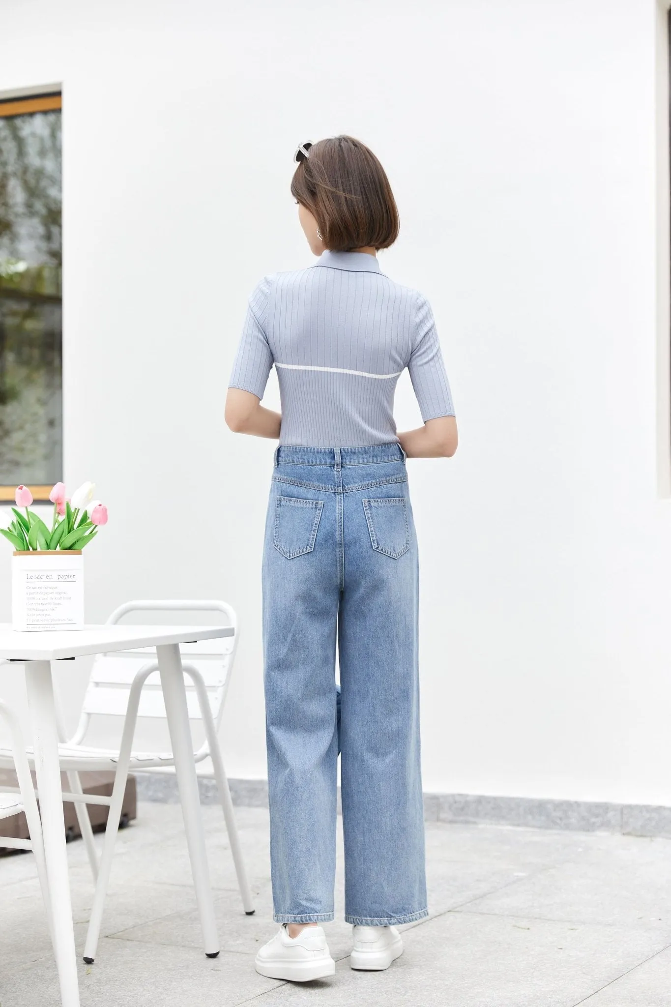 Mist Blue Slim Knitted Polo T-shirt