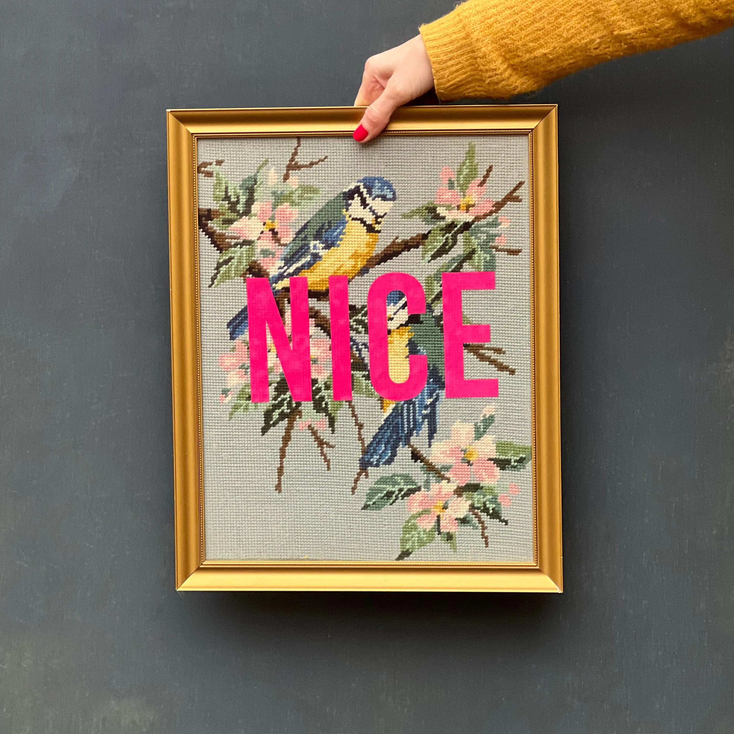 'NICE' Framed Blue Tit Tapestry