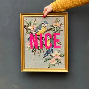 'NICE' Framed Blue Tit Tapestry