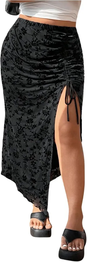 OYOANGLE Women's Plus Size Floral Split Long Skirts Drawstring Ruched Elastic High Waisted Skirt