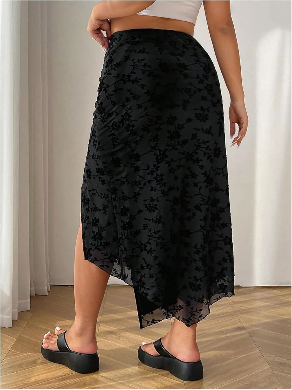 OYOANGLE Women's Plus Size Floral Split Long Skirts Drawstring Ruched Elastic High Waisted Skirt