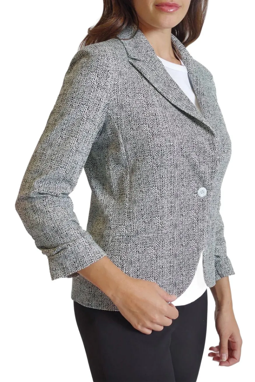 Peace of Cloth One Button Closure Ruched 3/4 Sleeve Welted Pockets Multi Print Crepe Jacket