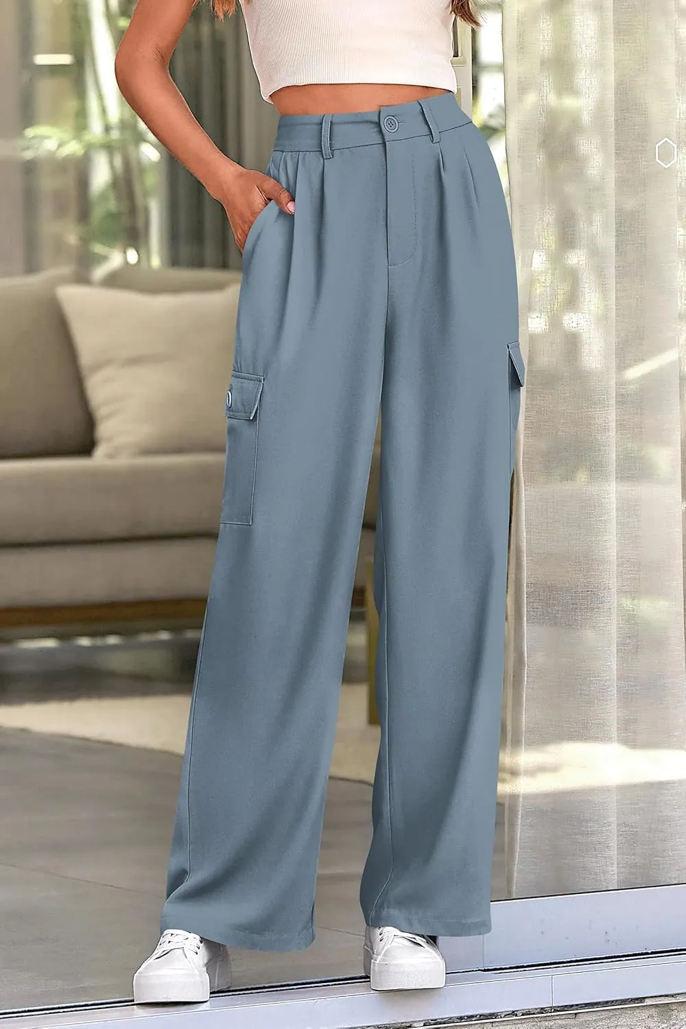 PRETTYGARDEN Women's Wide Leg Cargo Pants High Waist Business Casual Trousers Pant with Pockets