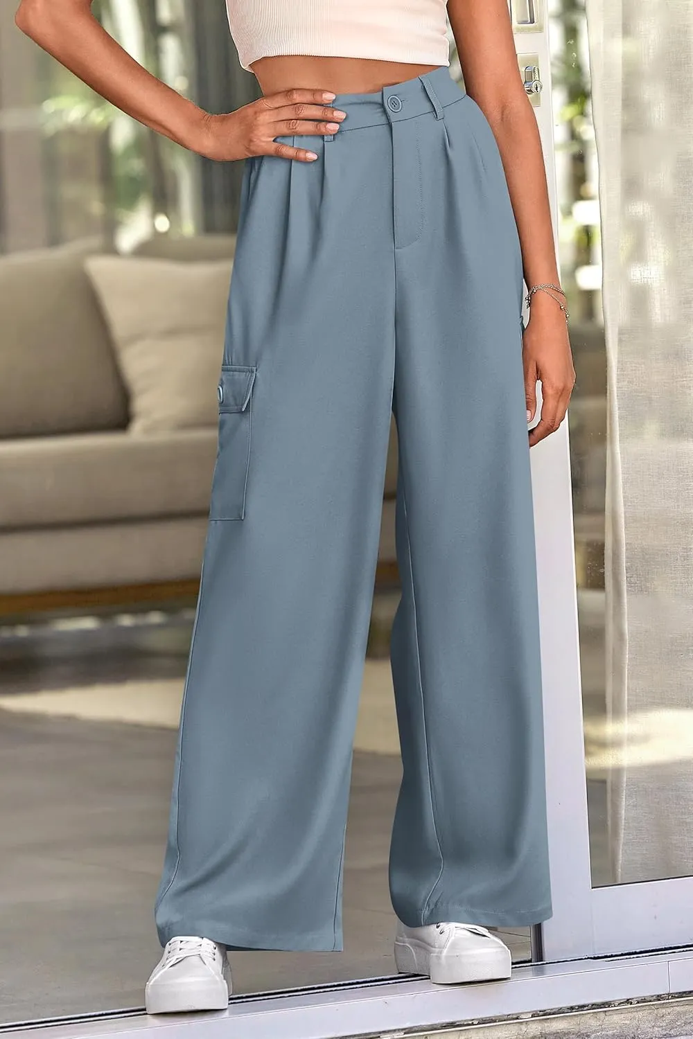 PRETTYGARDEN Women's Wide Leg Cargo Pants High Waist Business Casual Trousers Pant with Pockets