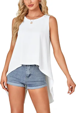 Rooscier Women's High Low Hem Sleeveless Round Neck Split Back Loose Flowy Cami Tank Top