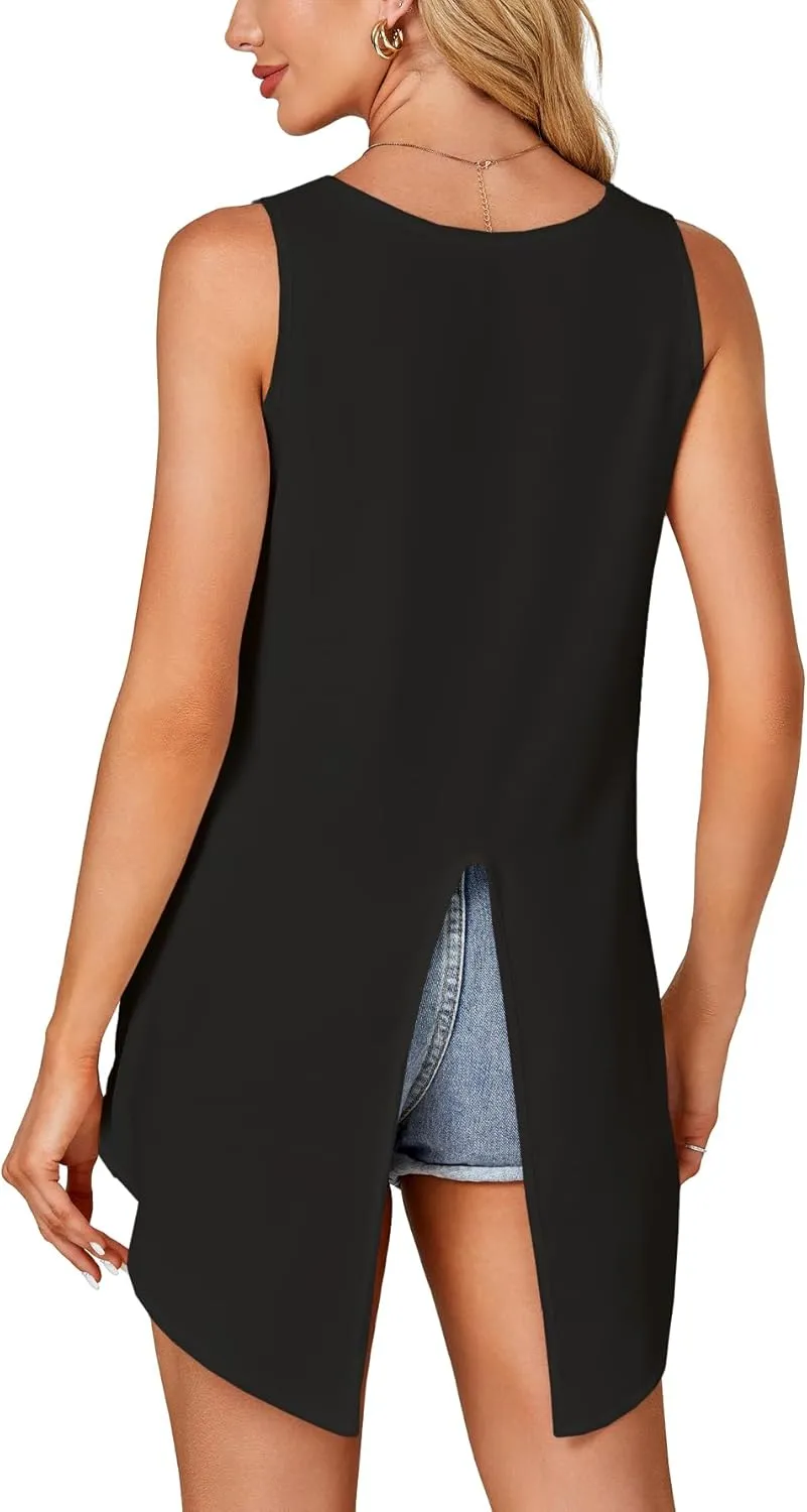 Rooscier Women's High Low Hem Sleeveless Round Neck Split Back Loose Flowy Cami Tank Top